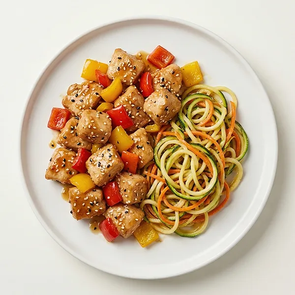 Sesame Chicken with bell pepper and buttered vegetable noodles